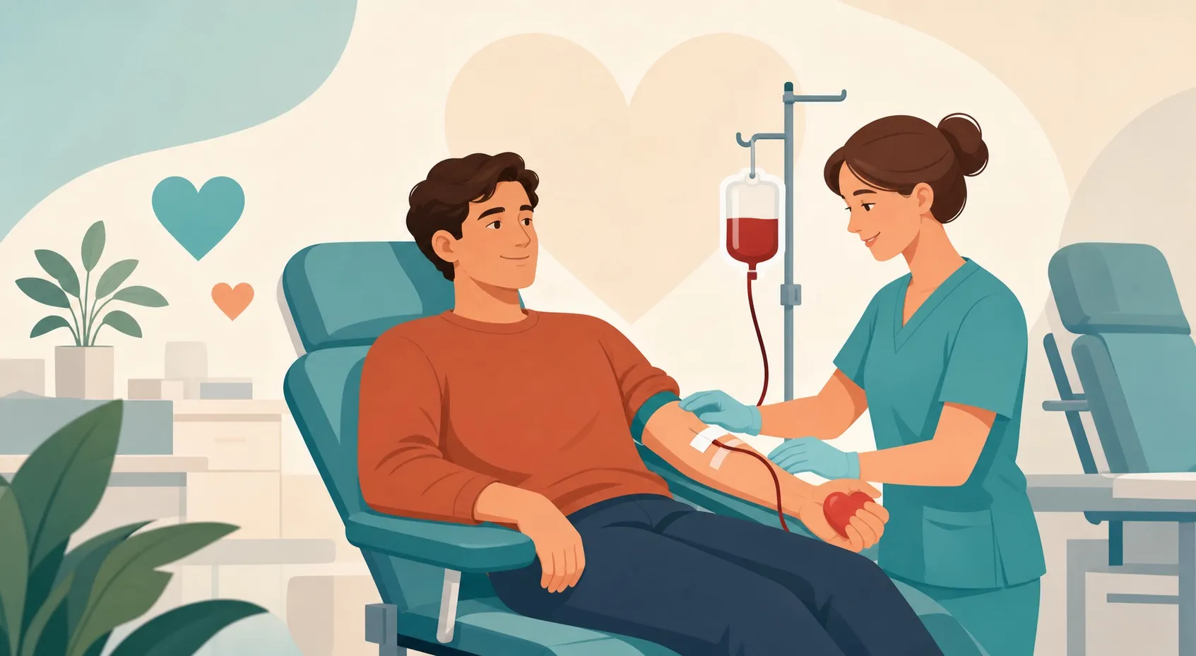 Illustrazione di una persona che dona il sangue assistita da una professionista sanitaria in un ambiente clinico accogliente