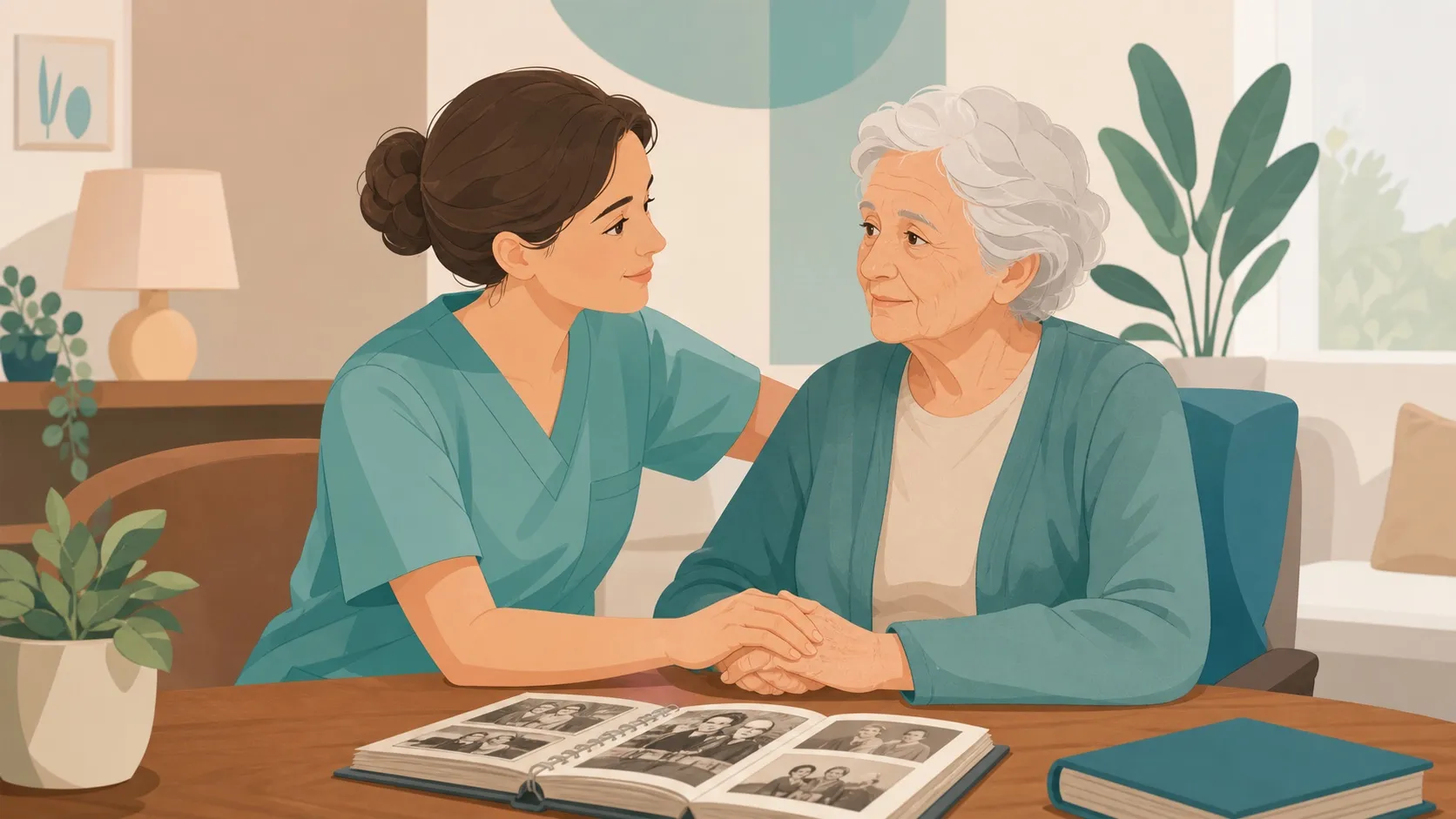 Caregiver che sostiene una persona anziana con Alzheimer accanto a un album di ricordi in ambiente domestico
