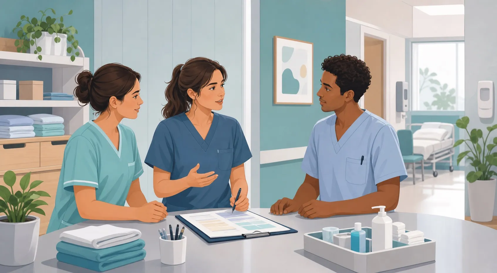 Tre professionisti sanitari discutono l'organizzazione dell'assistenza in un ambiente clinico